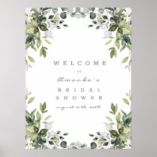 Poster Sinal de Boas-Vindas Floral Verde para Chá de Noiv