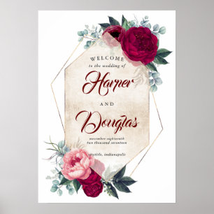 Poster Sinal de boas-vindas floral vermelho do casamento