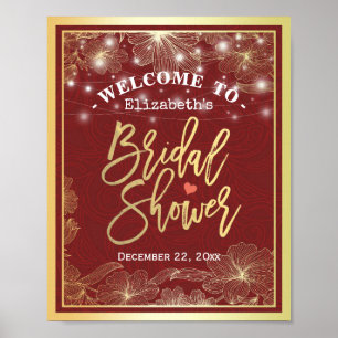 Poster Sinal de boas-vindas floral vermelho & Dourado do