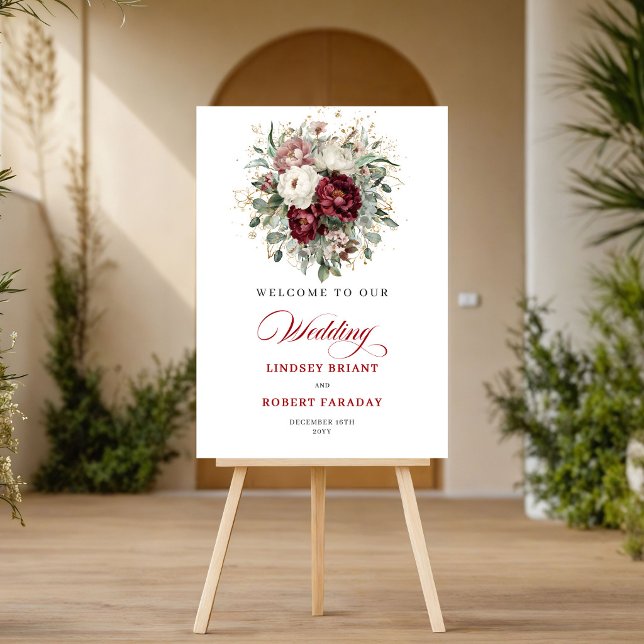 Poster Sinal de Boas-Vindas Flores Borgonha Jardim Elegan (Elegant Garden Burgundy Flowers Gold Welcome Sign)