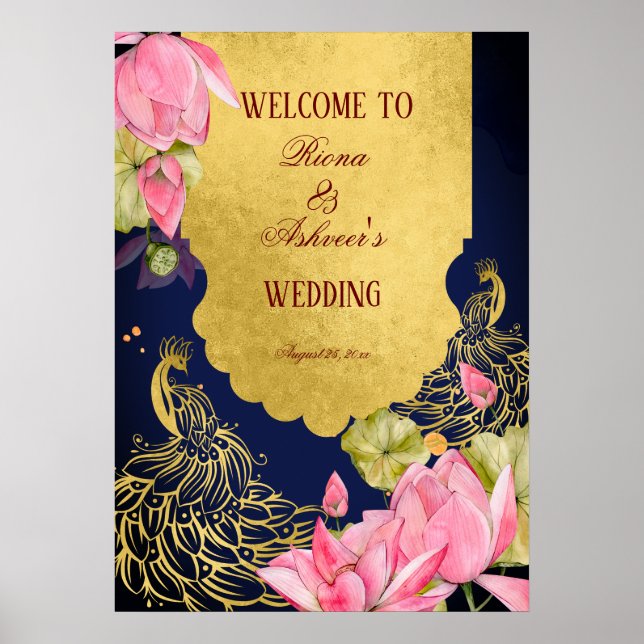 Poster Sinal de boas-vindas índio pavão dourado azul real (Frente)