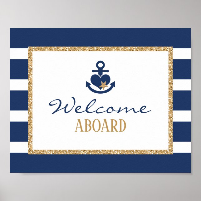 Poster Sinal de Boas-Vindas Náutico Azul Marinho e Dourad (Frente)