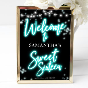 Poster Sinal de Boas-Vindas Neon Teal Aniversário de 16 A