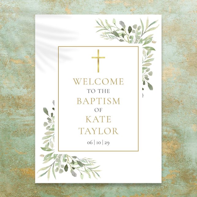 Poster Sinal de Boas-Vindas para Batismo com Vegetação (Greenery Baptism Christening Welcome Sign)