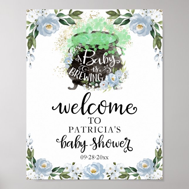 Poster Sinal de Boas-Vindas para Chá de Bebê Floral Azul  (Frente)