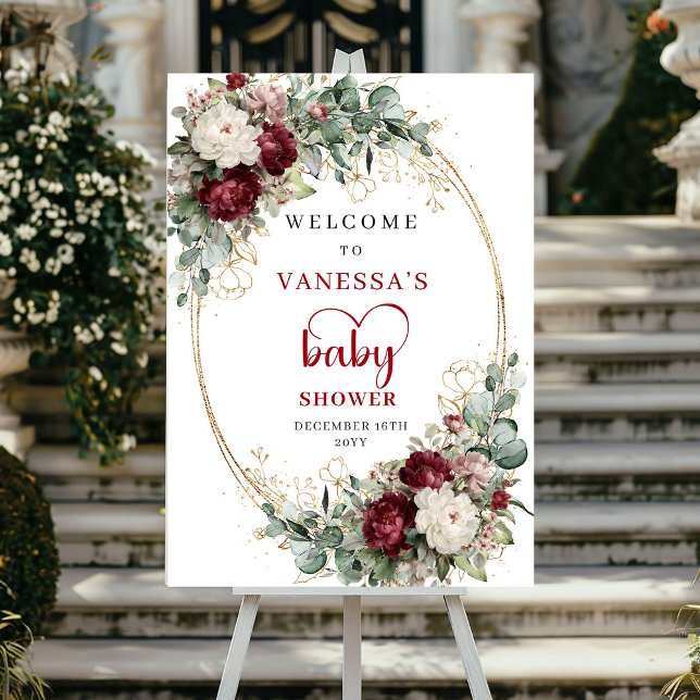 Poster Sinal de Boas-Vindas para Chá de Bebê Floral Boho  (Boho Burgundy Floral Baby Shower Welcome)