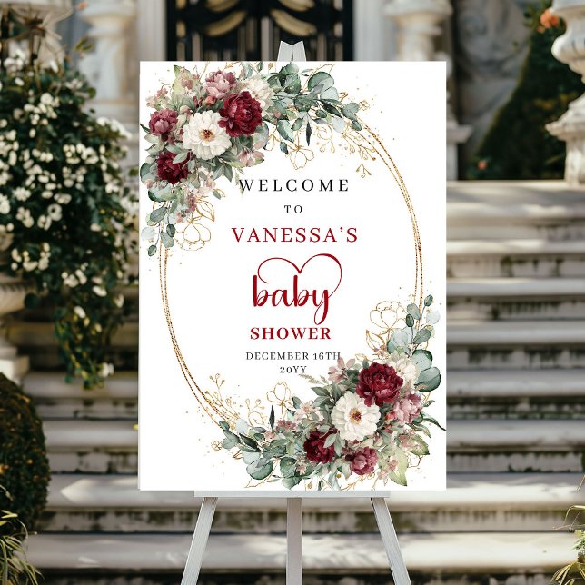 Poster Sinal de Boas-Vindas para Chá de Bebê Marsala Euca (Marsala Eucalyptus Baby Shower Welcome)