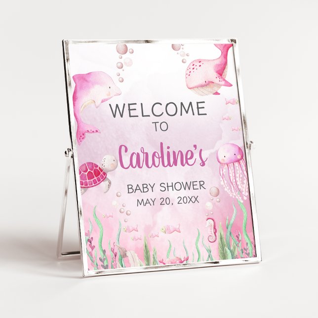Poster Sinal de Boas-Vindas para Chá de Bebê Rosa Debaixo (Under the Sea Baby Shower Sign)