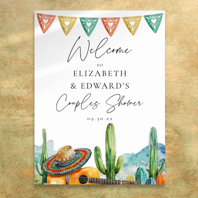 Poster Sinal de Boas Vindas para Chá de Casal com Tema de (Watercolor Fiesta Couples Shower Welcome Sign)