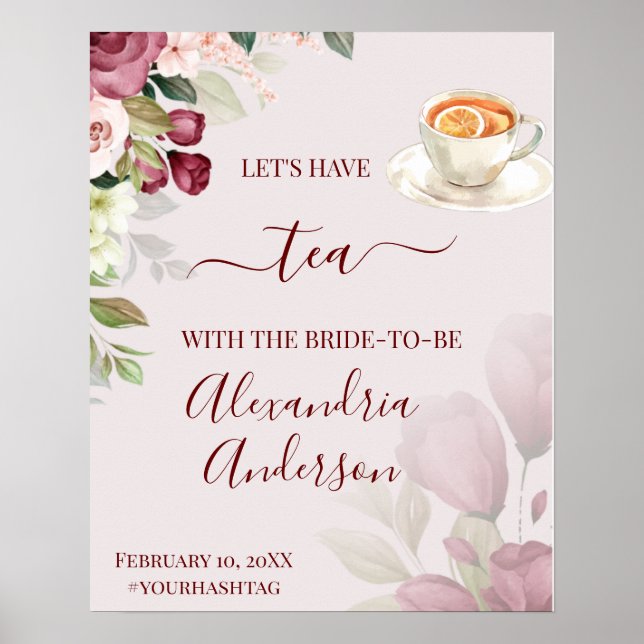 Poster Sinal de Boas-Vindas para Chá de Noiva com Rosas e (Frente)