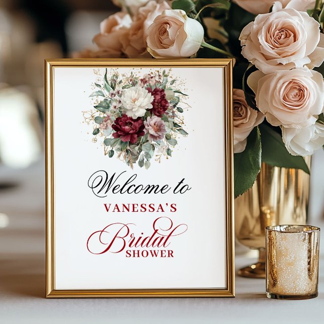 Poster Sinal de Boas-Vindas para Chá de Noiva em Blush Pr (Premium Blush Burgundy Bridal Shower Welcome Poster)