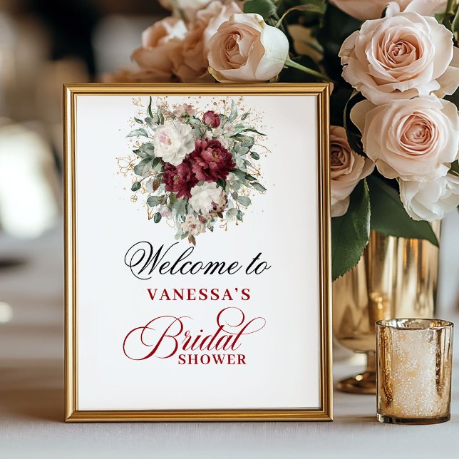 Poster Sinal de Boas-Vindas para Chá de Noiva em Borgonha (Designer Blush Burgundy Bridal Shower Welcome Sign)