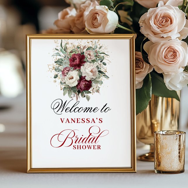 Poster Sinal de Boas-Vindas para Chá de Noiva em Rosa Clá (Classic Blush Burgundy Bridal Shower Welcome Poster)