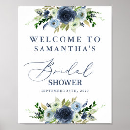Poster Sinal de boas-vindas para chá de noiva floral azul