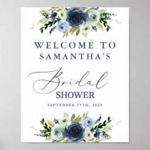 Poster Sinal de boas-vindas para chá de noiva floral azul