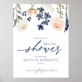 Poster Sinal de Boas-Vindas para Chá de Noiva Floral Azul