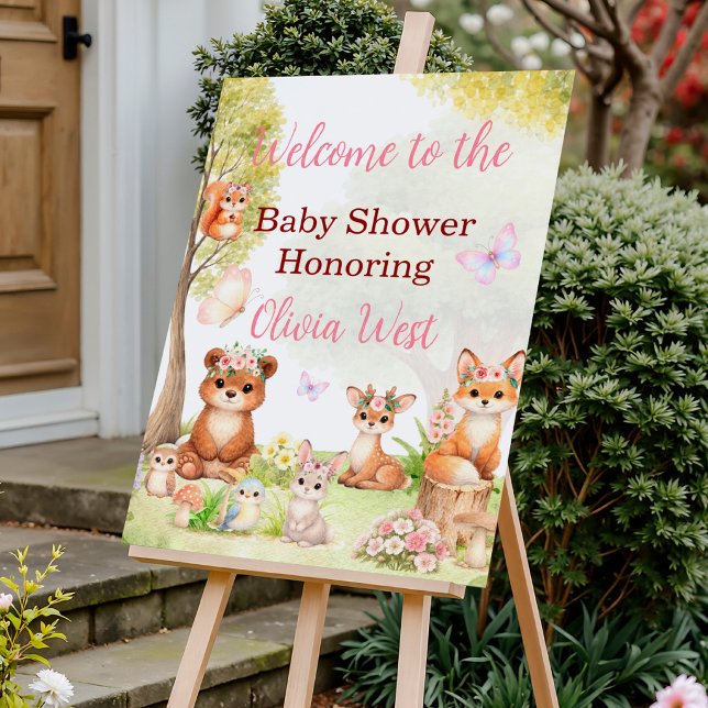 Poster Sinal de Boas-Vindas para Chás de Bebê Menina no B (Welcome Sign | Girl Baby Shower | Woodland)