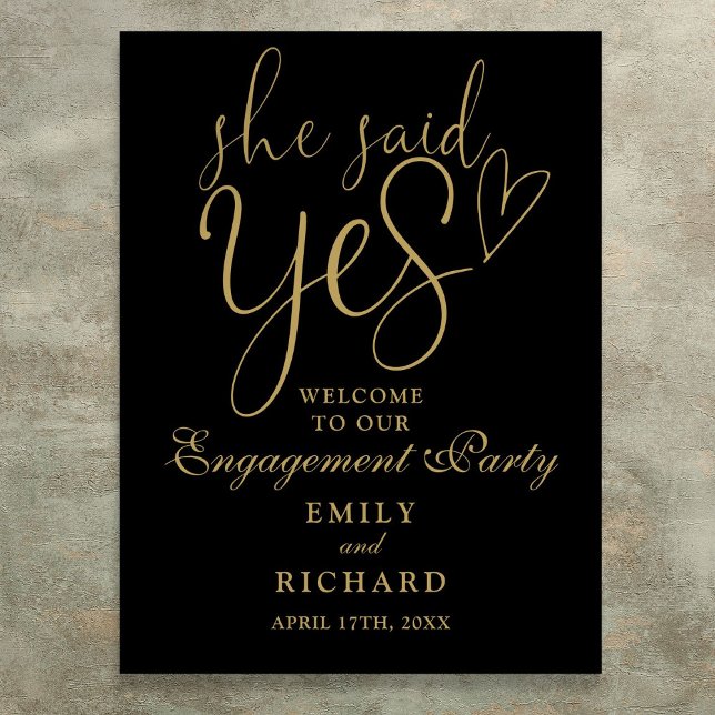 Poster Sinal de Boas-Vindas para Festa de Compromisso Sim (Black And Gold Yes Engagement Party Welcome Sign)
