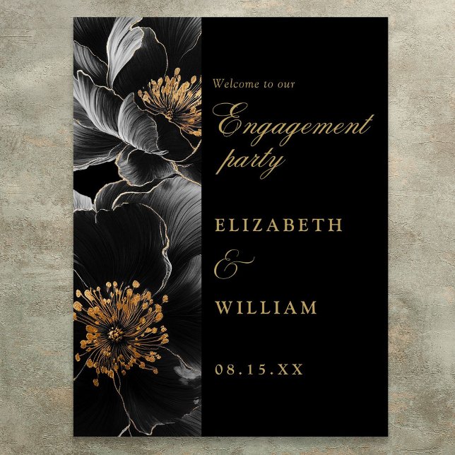 Poster Sinal de Boas-Vindas para Festa de Noivado Floral  (Black Gold Floral Engagement Party Welcome Sign)