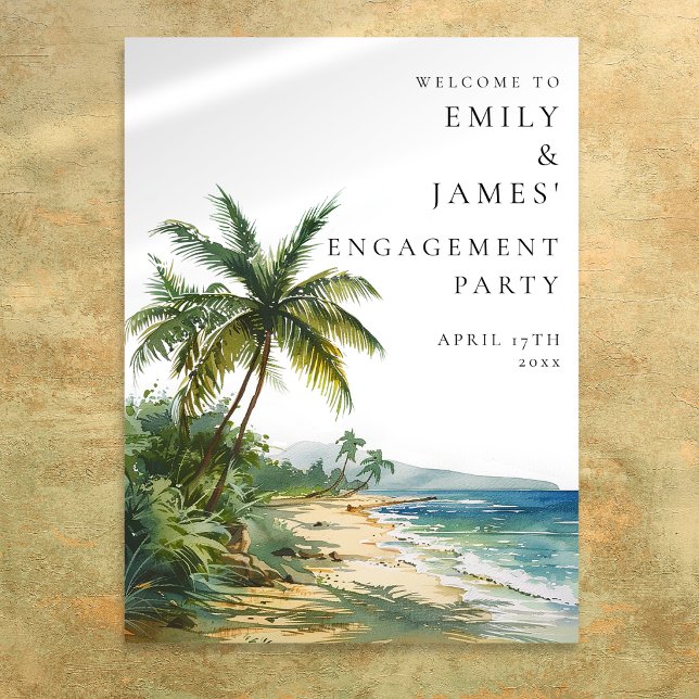 Poster Sinal de Boas-Vindas para Festa de Noivado na Prai (Tropical Palm Beach Engagement Party Welcome Sign)