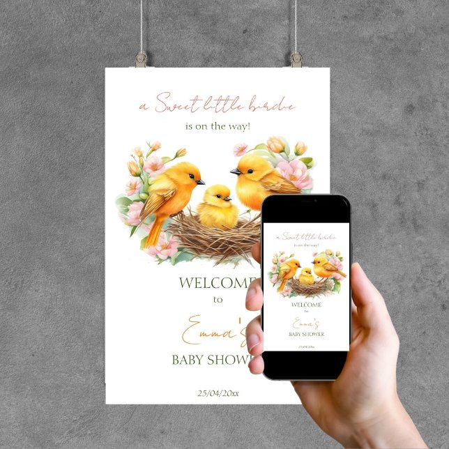 Poster Sinal de boas-vindas primavera chá de fraldas de p (Little bird spring hatching soon baby shower welcome sign template digital download yellow canaries)