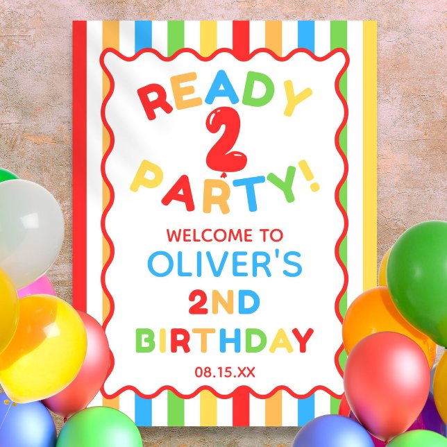 Poster Sinal de Boas-Vindas Pronto Para a Festa de 2º Ani (Ready Two Party 2nd Birthday Fun Welcome Sign)
