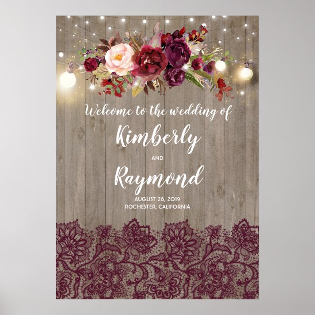Poster Sinal de Boas-Vindas Rustic Burgundy Floral (Frente)