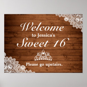 Poster Sinal de Boas-vindas Rustic Wood & Lace Tiara Swee