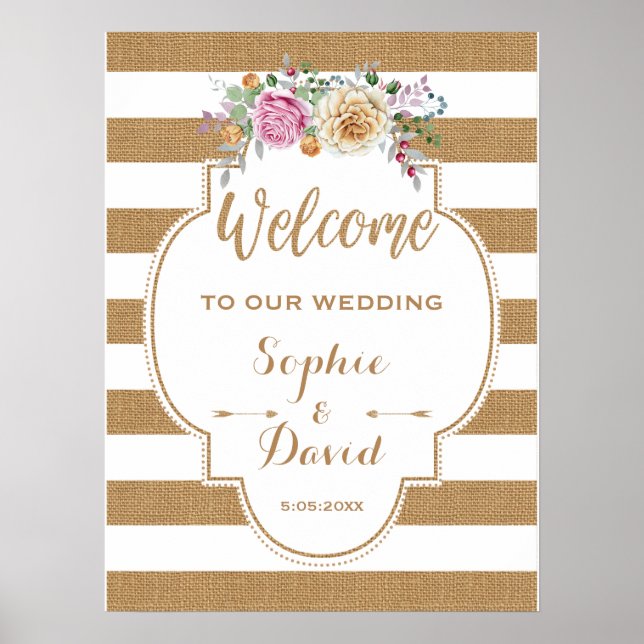 Poster SINAL DE BOAS-VINDAS Rustico Floral com Listras de (Frente)