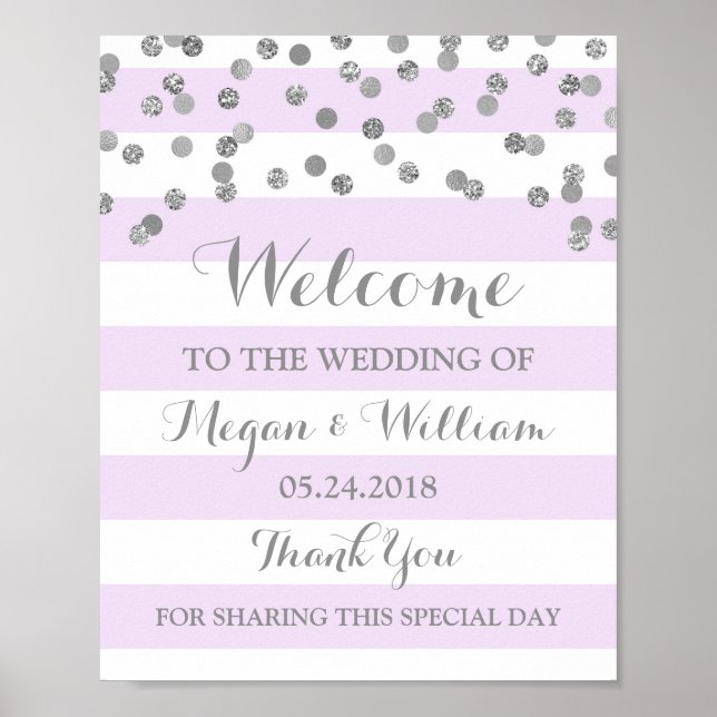 Poster Sinal de boas-vindas Stripe Roxo Prateado Confetti (Frente)