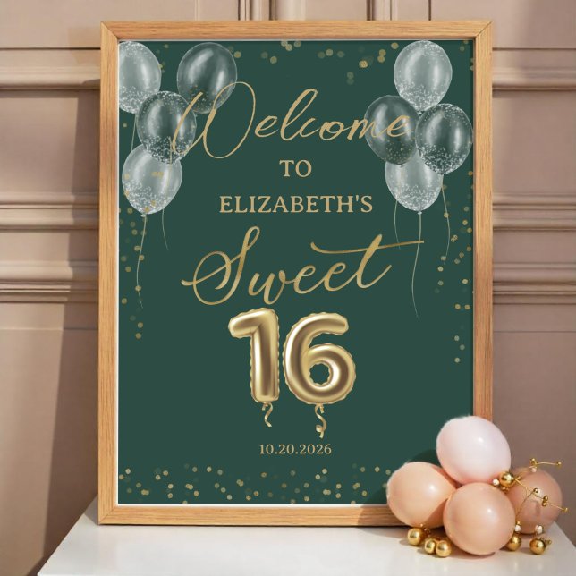 Poster Sinal de boas-vindas verde do Gold Foil Sweet 16 B (Criador carregado)