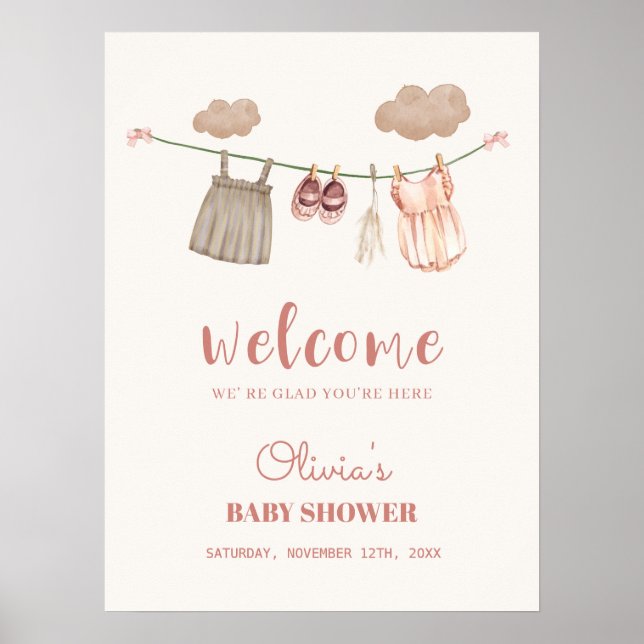 Poster Sinal de Boho Clothesline Girl Chá de fraldas (Frente)