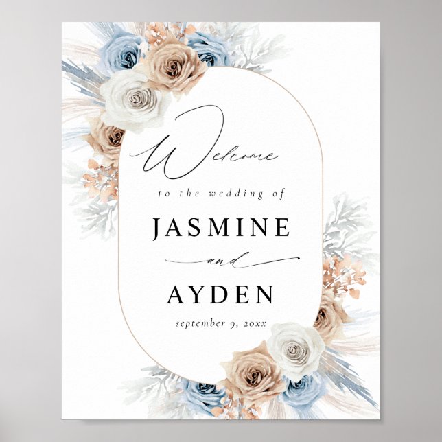 Poster Sinal de Boho Floral Azul e Beige (Frente)