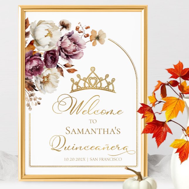 Poster Sinal de Bourgundy Floral Fall Quinceanera (Criador carregado)