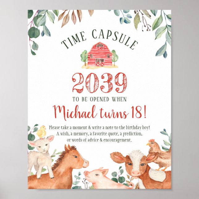 Poster Sinal de Cápsula do Tempo de Animais da Fazenda (Frente)
