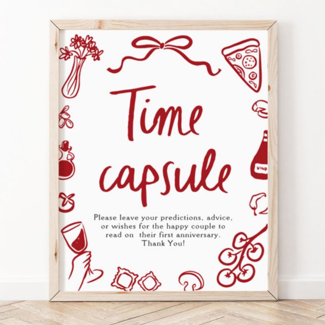 Poster Sinal de Cápsula do Tempo de Chuveiro de Noiva Des (Italian Hand Drawn Bridal Shower Time Capsule Sign)