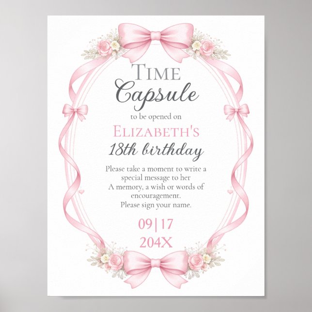 Poster Sinal de Cápsula do Tempo Floral com Laço Rosa par (Frente)