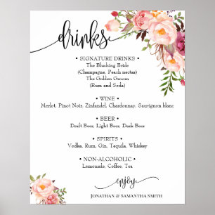 Poster Sinal de cardápio de bebidas casamento floral rosa
