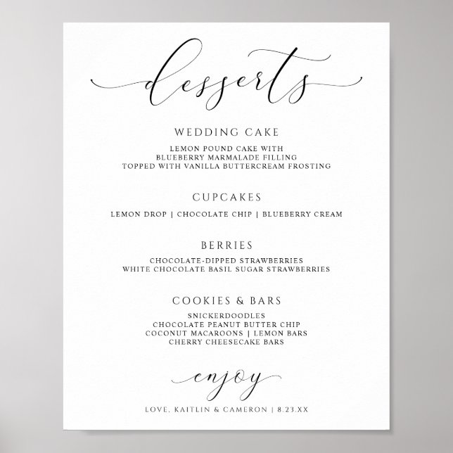 Poster Sinal de Cardápio de Sobremesas de Casamento Escri (Frente)
