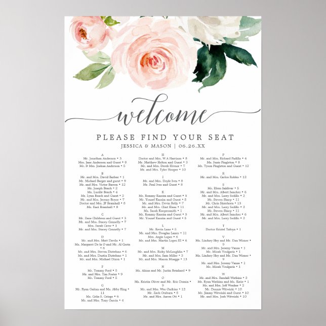 Poster Sinal de Carta de Assentos de Casamento Blushing B (Frente)
