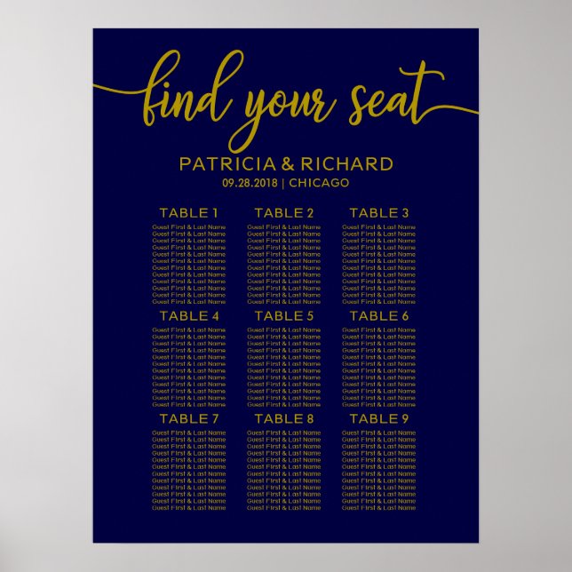 Poster Sinal de Carta de Assentos de Casamento Dourado Az (Frente)