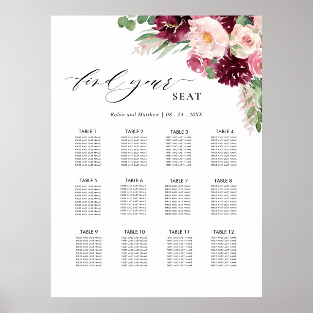 Poster Sinal de Carta de Assentos de Casamento Rosa Bege  (Frente)
