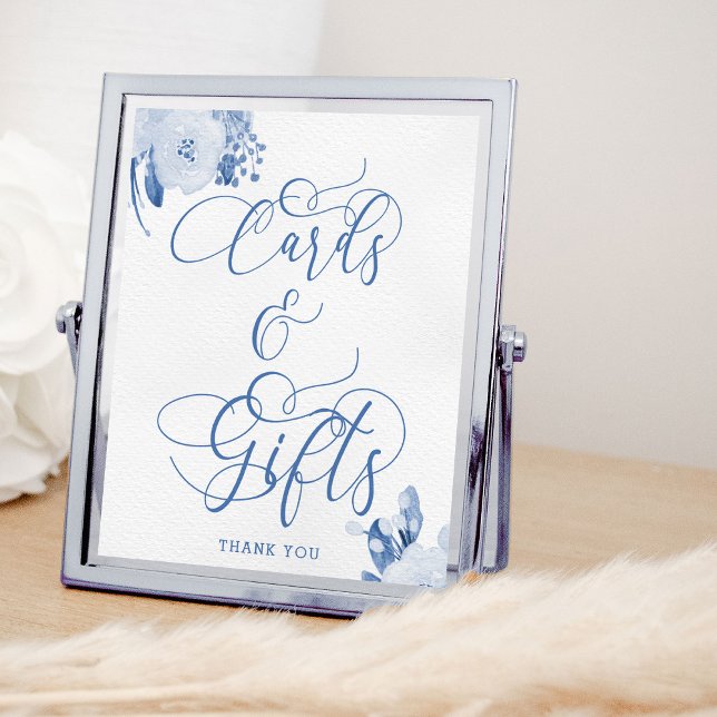 Poster Sinal de Cartões e Presentes Elegantes Florais em  (Cards & Gifts Table sign from my Dusty Blue Watercolor Floral Bridal Shower)