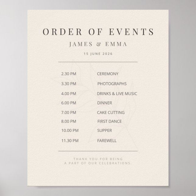 Poster Sinal de Casamento Botânico Minimalista Bege Suave (Frente)