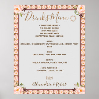 Poster Sinal de Casamento Bridal com Moldura Floral Rosa