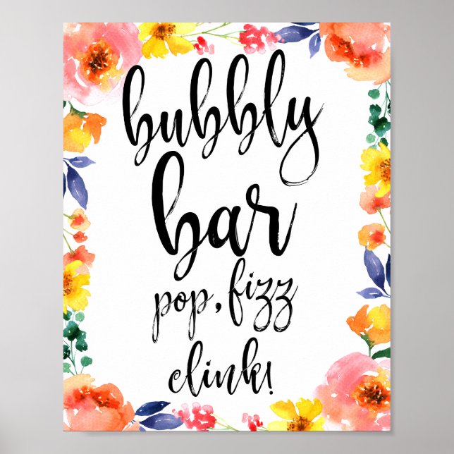 Pôster Sinal de Casamento Bubbly Bar Floral Watercolor 8x (Frente)