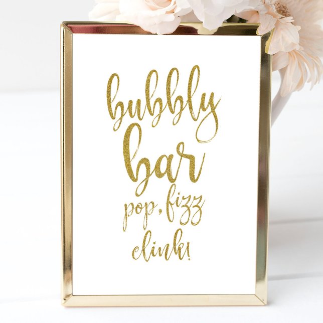 Pôster Sinal de Casamento Bubbly Bar Gold Glitter 8x10 (Criador carregado)