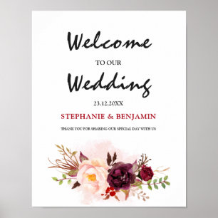 Poster Sinal de Casamento Burgundy Red Floral Boho