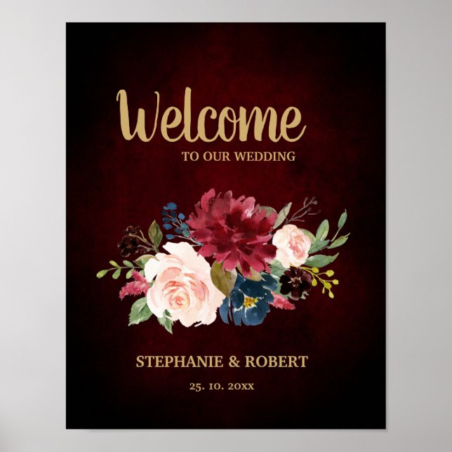 Poster Sinal de Casamento Burgundy Red Marinho Floral Rus (Frente)