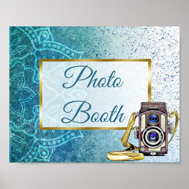 Poster Sinal de Casamento Cabine de Foto Blue Mandala (Frente)